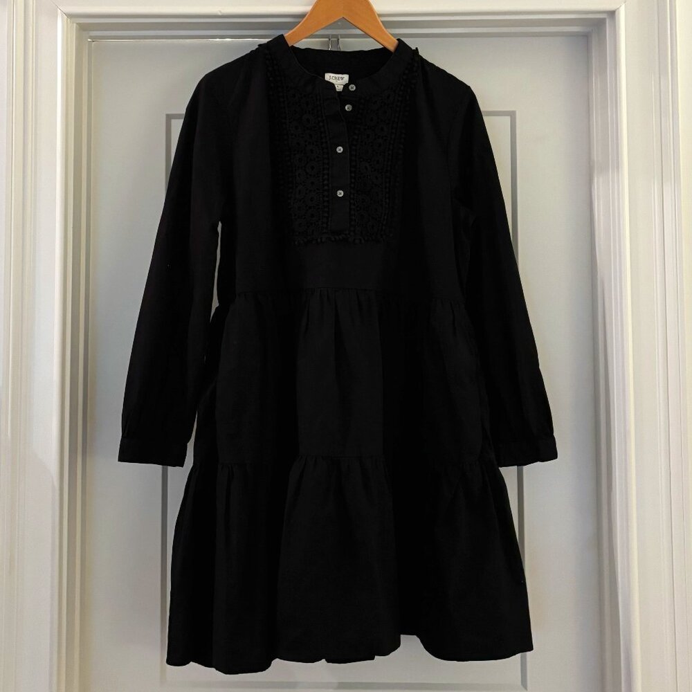 J. Crew Embroidered Cotton Poplin Tiered Dress - Black - Large